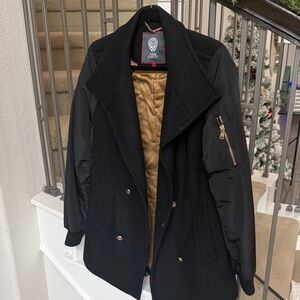 Vince Camuto Black Trench Coat with Gold Accents
